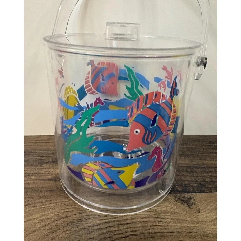 Vintage Lucite Acrylic Ocean Fish Themed Colorful Ice Bucket Tropical Pool Beach